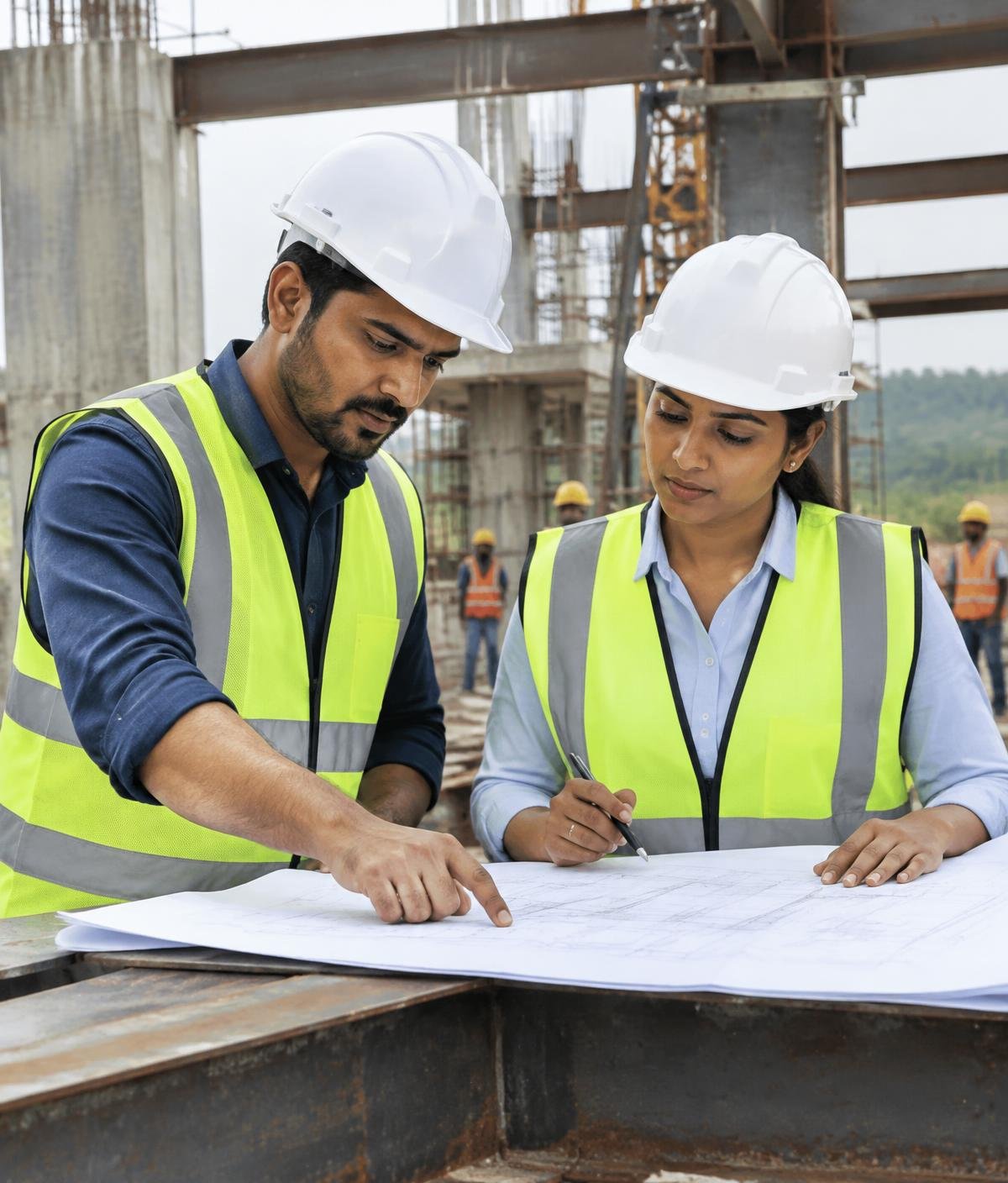 Indian engineers reviewing construction plans